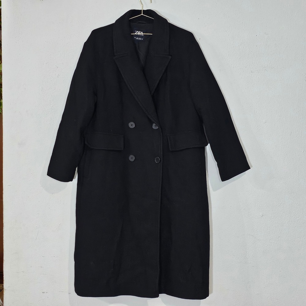 Zara Womens Black Wool Blend Double Breasted Long Coat Size Small S Longline